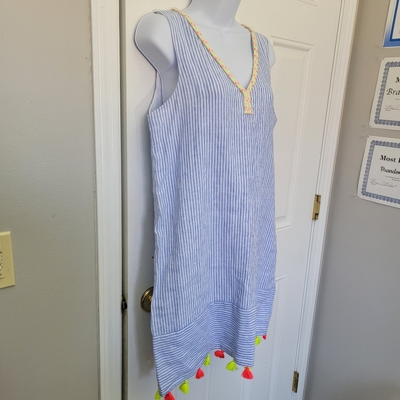 Vineyard Vines Linen Blue White Striped Sleeveless Dress Neon Tassels Size XS - Picture 3 of 12